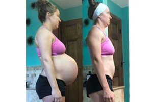 A before and after of a Get Mom Strong client, Alisha W., showing a photo of her belly prior to exercising with Get Mom Strong and after. Belly was previously distended by several inches; belly after using Get Mom Strong program is flat and muscular.