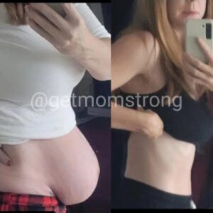 A before and after of a Get Mom Strong client, Stephanie F., showing a photo of her belly prior to exercising with Get Mom Strong and after. Belly was previously distended by several inches; belly after using Get Mom Strong program is flat and muscular.