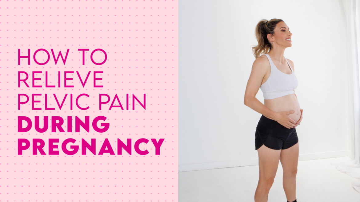 Hero image with 'How to Relieve Pelvic Pain During Pregnancy' headline and photo of pregnant woman smiling and holding her belly