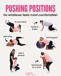 Pregnant woman pushing in different positions.