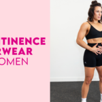 blog post cover with the blog post title, "Incontinence Underwear for Women" next to a photo of Ashley wearing workout gear pressing into her stomach